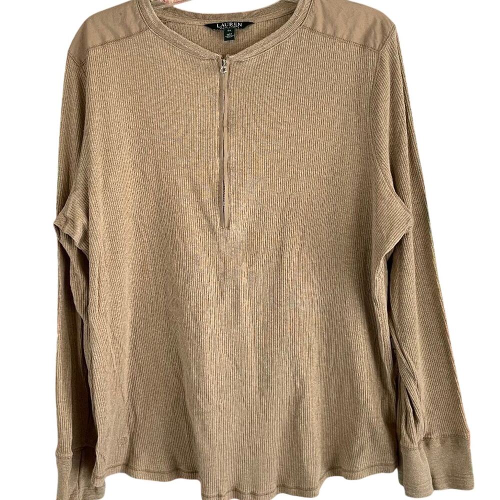 Lauren Ralph Lauren Ribbed 1/4 Zip Mixed Media Henley Shirt Top Blouse 3X Plus